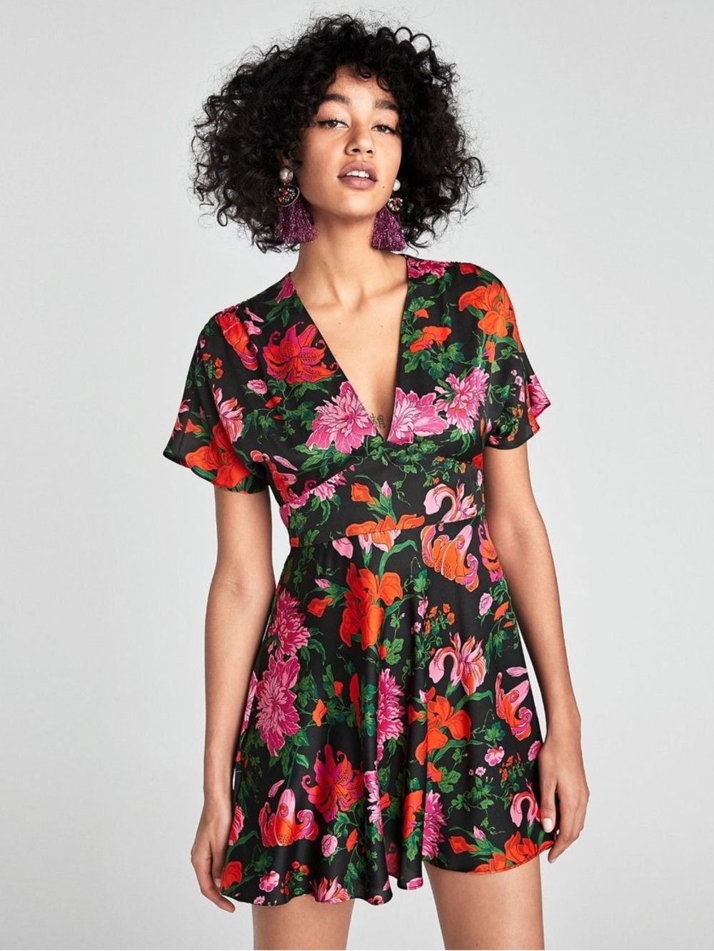 ZARA | Floral V-Neck Floral Mini Dress